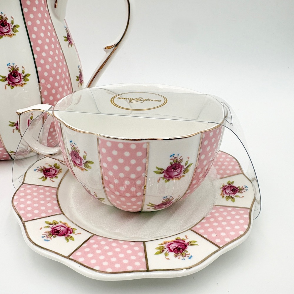 Grace Teaware Pink Polka Dot Rose Floral Porcelain Teapot and 2 Cup Saucer Set - Picture 4 of 11
